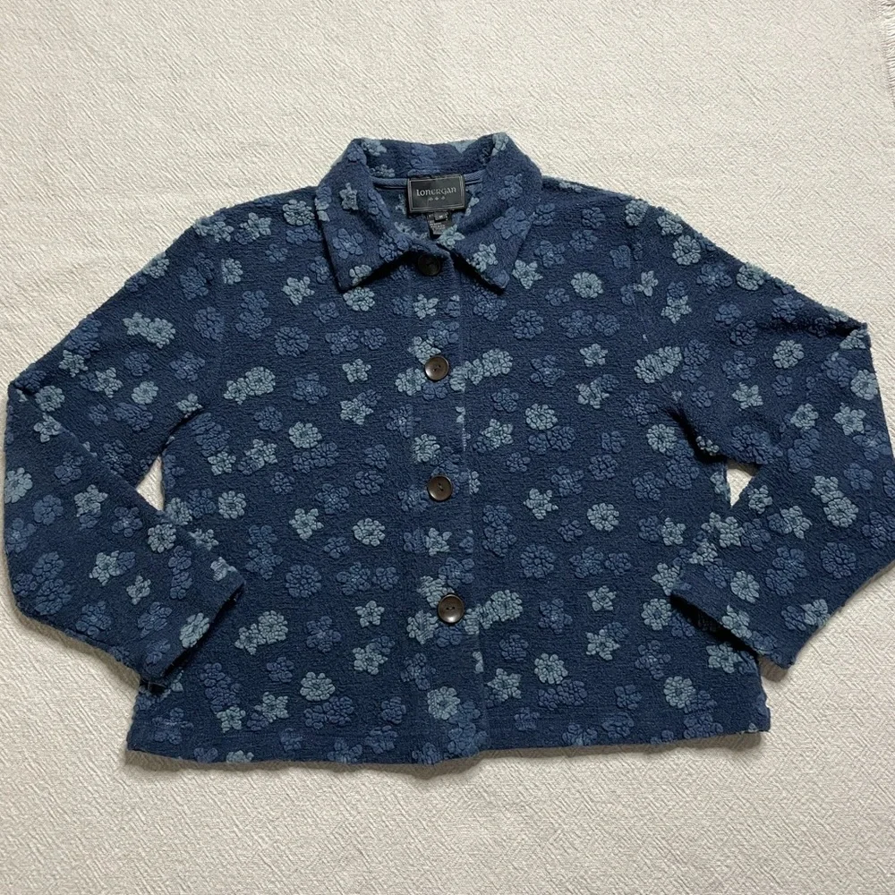 VTG 90s Fleece Blue Textured Floral Shacket Jacket M - Picture 7 of 7